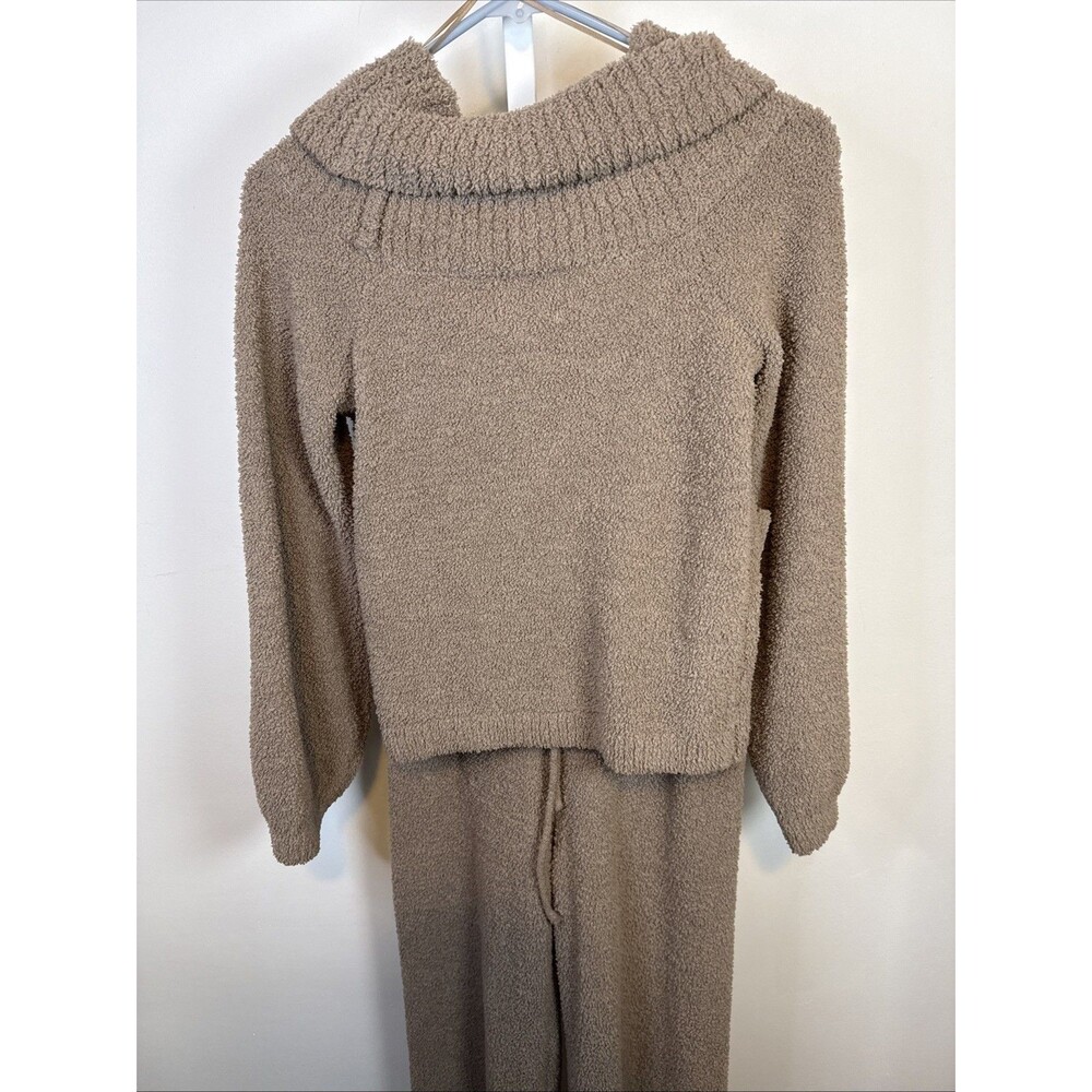 Beige Ultra Soft Teddy Bear Loungewear Set Cowl Crop Sweater Bell Pant Sz Sm - Picture 9 of 9